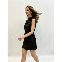Robe mini noire en satin uni à taille naturelle, col montant et détail de nœud, printemps-été pour femme