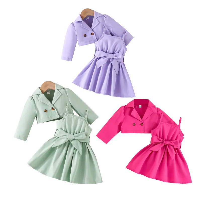 Fuyu Baby Girl Solid Color Long Sleeve Coat & Sleeveless Suspender Dress Clothing Sets Fashion Outfit Boutique Clothes for Kids