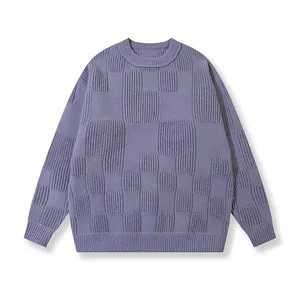 Personalized Purple Checkerboard Knit Men's Spring And Autumn Slim Long-sleeved Round Neck Sweater Youth Fashion Jacket