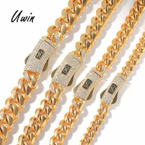 UWIN Cadena Cubana Hip Hop <span class=keywords><strong>de</strong></span> Acero Inoxidable Estilo Mónaco 8mm 10mm 12mm 14mm con Cierre Iced Out, Collar Grueso Chapado en <span class=keywords><strong>Oro</strong></span> Miami <span class=keywords><strong>para</strong></span> <span class=keywords><strong>Hombre</strong></span> - Product Image 4