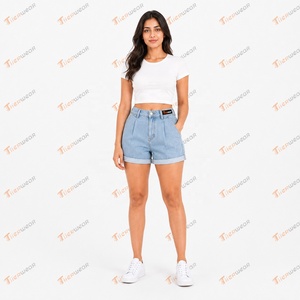 Shorts de mezclilla casuales para mujer al por mayor, shorts de verano personalizados de cintura alta rasgados, shorts de moda de algodón elástico de corte ajustado - Product Image 2