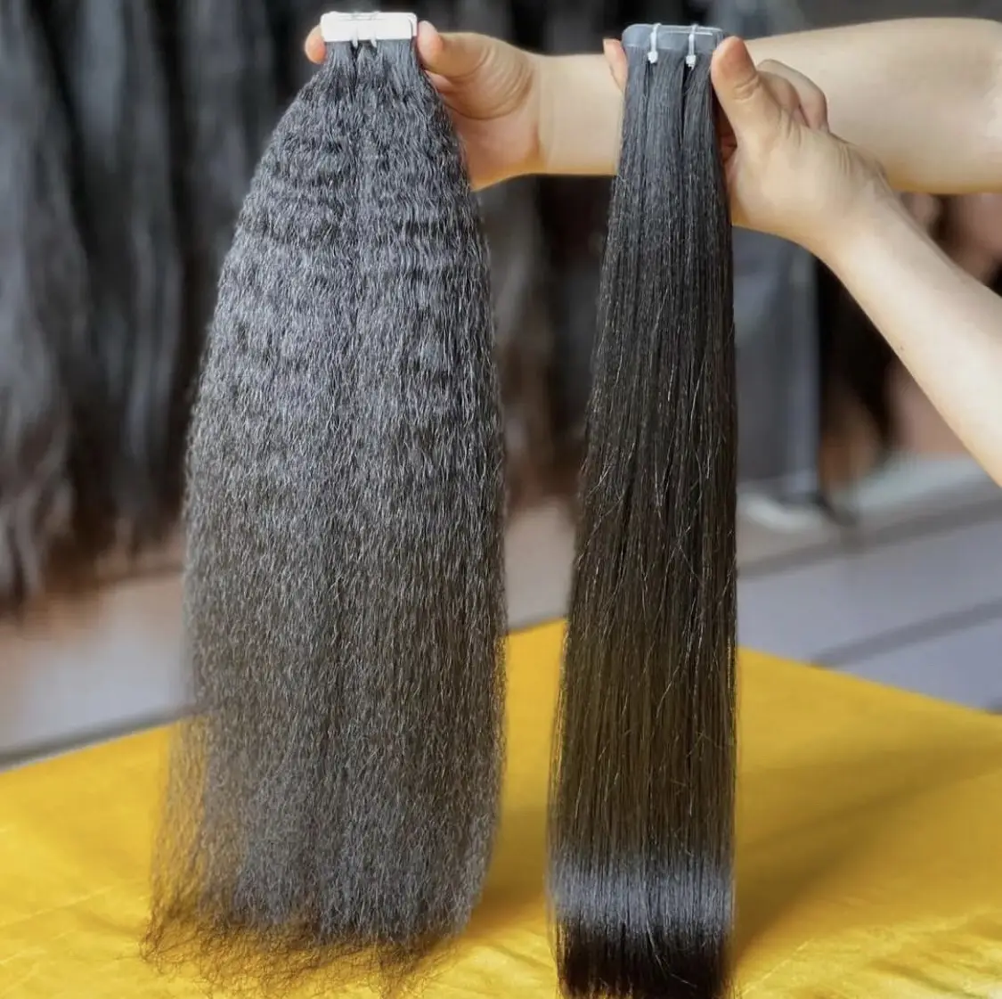 Wholesale 10a 12a natural Malaysian Mongolian virgin hair in vendor Yaki straight tape ins invisible hair extensions