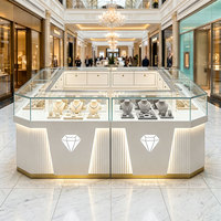 Luxuriöse Moderne Weiße LED-Beleuchtung Schmuck-Ausstellungsinsel Kiosk Gehärtetes Glas Ladentheke Vitrine für Boutiquen