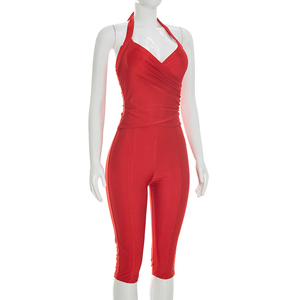 Viviblook Y26ST219 Women Summer <b>Set</b> <b>Sexy</b> Sleeveless Halter Lace Up Backless Tank Top Solid Color Cropped Pants Two Pieces <b>Set</b> - Product Image 6