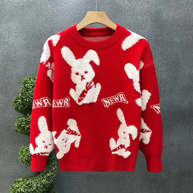 Suéter bordado de cepillo de dientes al por mayor de fábrica, abrigo de punto de conejo a la moda para hombre, jersey rojo de invierno y Navidad para mujer