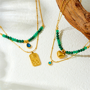 Simple Stylish Luxurious Punk Women's Necklace Double-layered Design <strong>Emerald</strong> Green <strong>Beads</strong> Heart-shaped Pendant Stainless Steel - Product Image 4