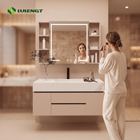 Meuble-lavabo mural moderne pour salle de bain avec miroir intelligent en marbre et lavabo intégré
