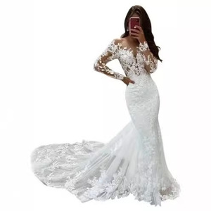 Mermaid Wedding Dress White V Neck Long Sleeve Lace Train Bridal Gown Vintage Style Slim Fit Full Length Wedding Dress - Product Image 3