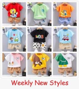 Nouveaux styles hebdomadaires Ensembles T-shirt et short pour enfants Imprimés de dessins animés colorés Tenues d'été 0-12 ans - Product Image 1