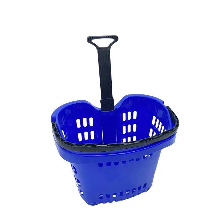 High Quality Merchandising Supermarket Shopping Plastic Rolling With Wheels Shopping Baskets