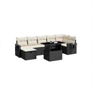 Ensemble de canapés en rotin d'extérieur moderne noir avec coussins crème, résistant à l'eau, en osier PE, mobilier de jardin au design contemporain - Product Image 1
