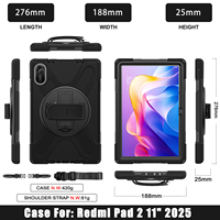Coque Armure pour Tablette Rotation 360°, Étui Multi-Fonctionnel 3 Couches PC Silicone avec Bandoulière et Sangle de Main, Film Souple pour Redmi Pad 2