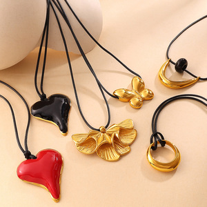 Retro Heart Butterfly Pendant Necklace Zinc Alloy Black <b>Rope</b> Unisex Sweater <b>Chain</b> 10cm Extended - Product Image 2