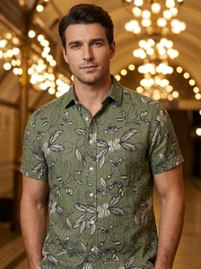 Prestigious Cost 100% Organic Cotton Print Camp Collar Short Sleeve Sustainable Abstract <b>Repeat</b> Pattern Tropical Mens Shirts - Product Image 3