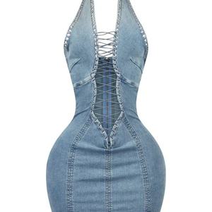 ลดราคาจากผู้ผลิต 2025 ชุดเดรสผูกคอสุดเซ็กซี่ กระโปรงยีนส์ทรงเข้ารูป กระโปรงยีนส์แขนกุดสำหรับผู้หญิง - Product Image 3