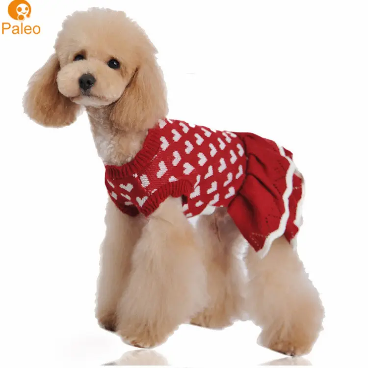 Paleo Pet Apparel Adorable Christmas Pet Winter Clothes Warm Dog Knit Sweater Ruffle Dress Custom Heart Pet Clothing