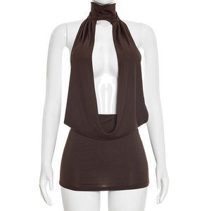 Viviblook C26DS009 Robe d'été pour femmes, nouvelle robe de soirée sexy à dos nu, sans manches, couleur unie, mini robe décontractée - Product Image 1