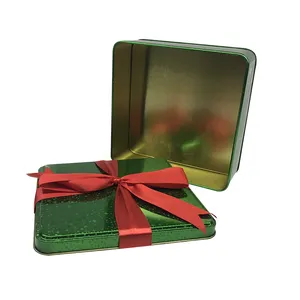 Sıcak satış lazer baskılı etkisi Metal paket kutu hediye için özel benzersiz Film kapak baskı kare teneke kutu yay kurdele ile