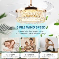 Kipas Angin Plafon LED Kristal Tak Terlihat Retraktil Emas Kontrol Jarak Jauh/Dinding DC BLDC Modern Nordik 48 Inci CRI Tinggi