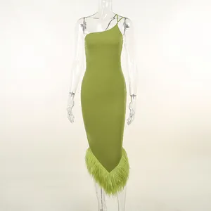 Сделано в Китае, одежда зеленого цвета, одним плечевым ремнем; Vestidos Para Fiesta на меху облегающие платья для женщин, для девушек, элегантное,