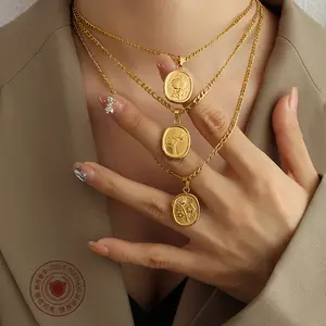 Titanium steel gold coin geometric oval pattern withered rose series necklace set