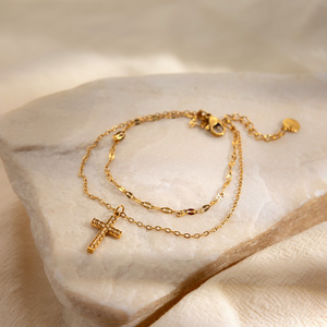 Bracelet croix double couche en acier inoxydable avec incrustation de zircon blanc, design géométrique, bijou cadeau - Product Image 2