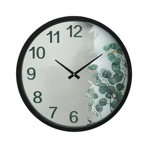 Artist design 18 inch round mirror wall clock with glass UV printing for living room decoration wall clock