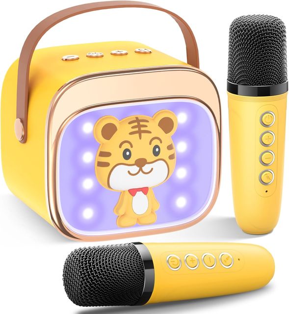 Portable Kids Singing Machine Cute Tiger Pattern Dual Mic RGB LED Stereo Sound Family Play Holiday Gift Mini Karaoke Computer