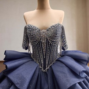 Rsm261119 Romantic Off Shoulder Crystal Beaded Ruffle Glitter Tulle Navy Blue <b>Ball</b> <b>Gown</b> Quinceanera Dress Jancember - Product Image 4
