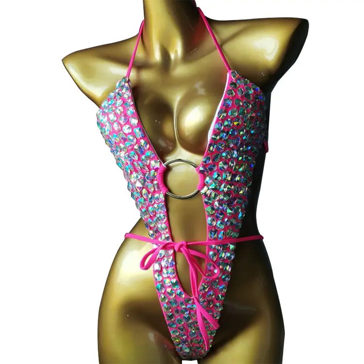Precio al por mayor poliéster bailarina señoras una pieza diamante mono Sexy Stripper trajes mujeres Rhinestone exótico Dancewear