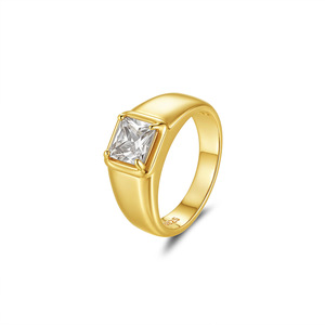 Anillo de Moissanita en Oro Amarillo, Corte Princesa, Engaste Biselado, Anillo de Compromiso Clásico para Hombre, Diseño Geométrico - Product Image 1