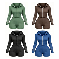 HuiYu Dames Vintage Print Rits Hoodie en Shorts 2-delige Set Aangepaste Logo Hoge Kwaliteit Strass Activewear Trainingspakken