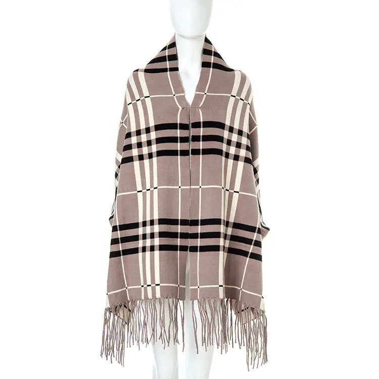 Winter new knitted long-sleeved fashion cape women's retro plaid scarf shawl