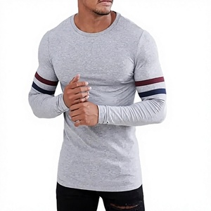 Camiseta de manga larga para hombre, corte ajustado, estilo muscular, gris melange, mezcla de algodón, cuello redondo, con rayas en contraste en los brazos, al por mayor - Product Image 1