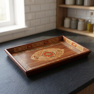 Plateau de service rectangulaire de luxe en bois d'acacia fait main avec incrustation dorée, motif décoratif, pour plats, assiettes, fêtes, décoration intérieure, écologique - Product Image 1