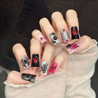 Faux Ongles Press-On Faits Main, Thème Halloween : Crâne, Squelette, Toile d'Araignée, Gothique, Couverture Complète, Breloques 3D, Lot de 10 Pièces