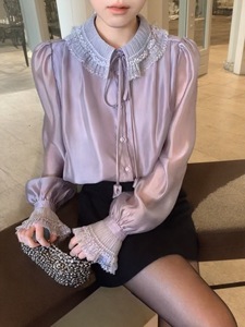 <span class=keywords><strong>Camicetta</strong></span> da donna in stile francese con pizzo sul collo, maniche a bolle in garza a stella, nuova collezione primavera, top a maniche lunghe squisito per la stratificazione interna - Product Image 2