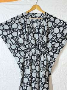 Vestido Kaftán de Algodón con Estampado Floral Blanco y Negro para Mujer, Estilo Boho, Maxi, Holgado, para Playa, Verano, Talla Grande - Product Image 2