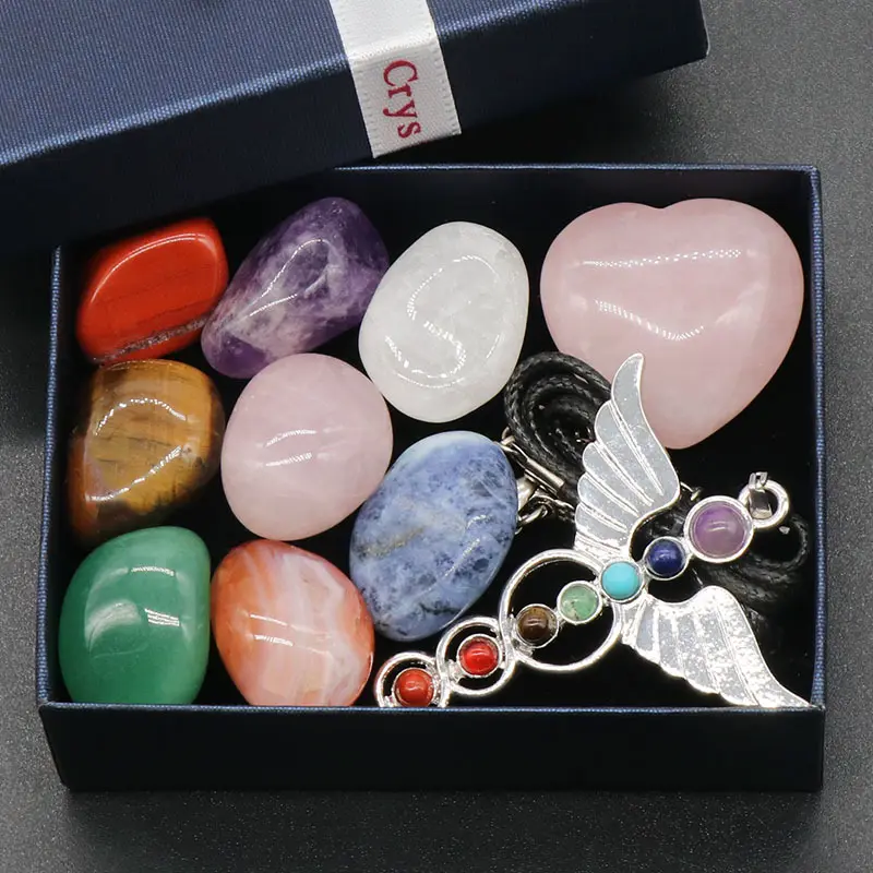 Set di scatole regalo per meditazione in cristallo naturale personalizzato Set di cristalli curativi Reiki irregolari Yoga 7 Chakra Stone Set per la guarigione