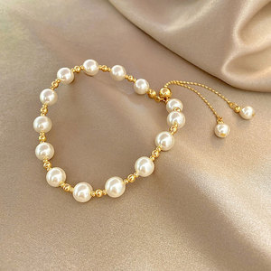 Fashion Adjustable 14K Gold Plated Sliding <strong>Beads</strong> <strong>Bracelets</strong> Women 2024 Trendy French Luxury White Pearl <strong>Bracelet</strong> Gifts for Girls - Product Image 5
