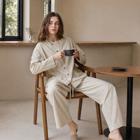 Ensemble de salon en coton texturé pour femmes, haut asymétrique boutonné, pantalon à jambes larges avec cordon de serrage, tenue décontractée SOFT18