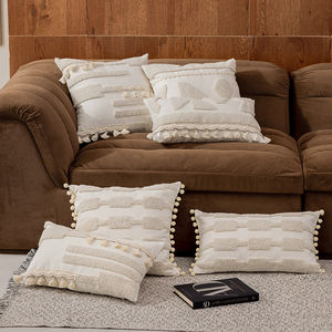 وسائد بوهيمية مربعة مزخرفة من إنيرمور للديكور المنزلي، غطاء وسادة من البوليستر والقطن بلون العاج مع شراشيب للأريكة المنزلية - Product Image 1