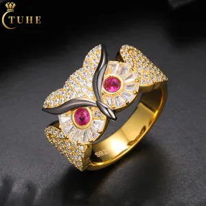 Nueva llegada Baguette Owl Ring 925 Sterling Silver AAAAA CZ Diamond Gold Plated Mens Hip Hop Jewelry Rappers Gift Fashion