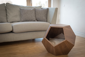 Cama Cueva de gato MDF chapada en madera de nogal moderna, muebles para mascotas, mesa auxiliar geométrica - Product Image 6