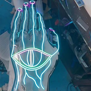 Custom Futuristic Mirror Chrome <strong>Hand</strong> Sculpture LED Neon Eye Installation Fiberglass <strong>Statue</strong> - Product Image 4