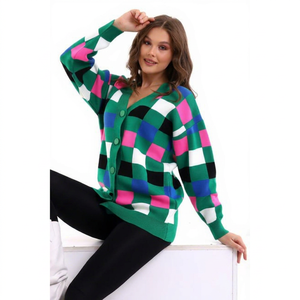 Women's Long-Sleeve Square Pattern, Buttoned Knit <b>Cardigan</b> with Vibrant Colors, Autumn/Winter Fashion, Casual, Office, Wholesale - Product Image 1