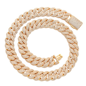 Collana <span class=keywords><strong>Hip</strong></span> <span class=keywords><strong>Hop</strong></span> Bling Iced Out con Catena Cubana a Maglie Larghe 15mm, Zirconi CZ Rotondi e a Baguette 5A, Stile Street Rock <span class=keywords><strong>Rap</strong></span> - Product Image 1