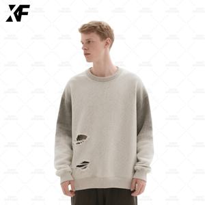 XUFEI Original de alta calidad gris 100% algodón 500g personalizado Vintage lavado cuello redondo pesado en blanco rasgado cuello redondo sudadera - Product Image 1