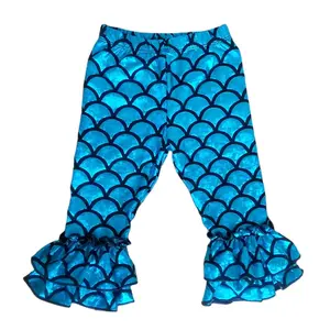 Sıkı parlak klasik turkuaz Mermaid kuyruk fırfır alt pantolon Legging yürüyor bebek kız balık pulu Mermaid Legging