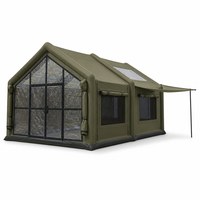 Tente Cabine Gonflable Vert Foncé 16 m² 3.2x5x2.3m avec Porte TPU, 2 Pièces, Mélange Coton 210G, Tente Gonflable pour 7-10 Personnes, Glamping Familial